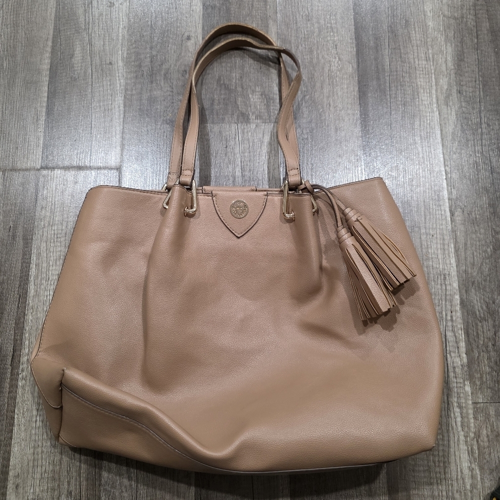 Anne Klein Y2k Tan Tote Shoulder Bag Tassel Bobo Classy Preppy Faux Leather